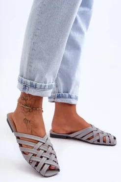 Skórzane Damskie Klapki Z Paskami Szare Doralia