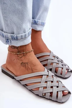 Skórzane Damskie Klapki Z Paskami Szare Doralia