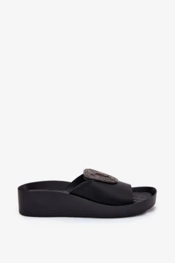 Skórzane Damskie Klapki Z Ozdobą KV51-028 Czarne