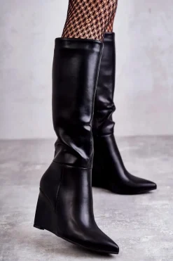 Skórzane Damskie Kozaki Na Koturnie Czarne Arlene