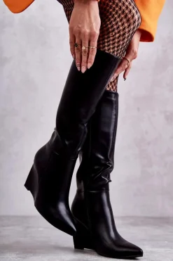 Skórzane Damskie Kozaki Na Koturnie Czarne Arlene