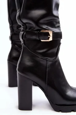 Skórzane Damskie Kozaki Na Słupku Z Klamrą Czarne Bordda