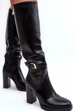 Skórzane Damskie Kozaki Na Słupku Z Klamrą Czarne Bordda