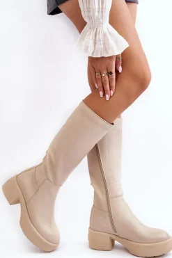 Skórzane Damskie Kozaki Przed Kolano Lemar Jasnobeżowe Malayah