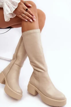 Skórzane Damskie Kozaki Przed Kolano Lemar Jasnobeżowe Malayah