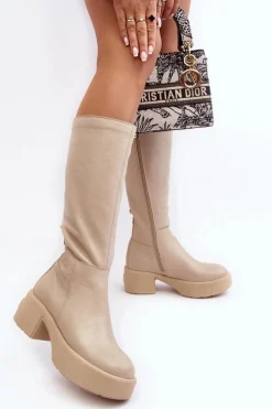 Skórzane Damskie Kozaki Przed Kolano Lemar Jasnobeżowe Malayah