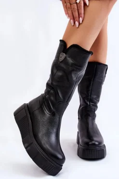 Skórzane Damskie Kozaki Z Wełną Zazoo 70121 Czarne