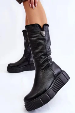 Skórzane Damskie Kozaki Z Wełną Zazoo 70121 Czarne