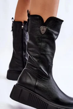 Skórzane Damskie Kozaki Z Wełną Zazoo 70121 Czarne