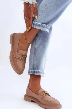 Skórzane Damskie Mokasyny Na Płaskim Obcasie Beżowe Sincias