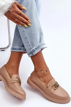 Skórzane Damskie Mokasyny Na Płaskim Obcasie Beżowe Sincias