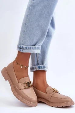 Skórzane Damskie Mokasyny Na Płaskim Obcasie Beżowe Sincias