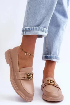 Skórzane Damskie Mokasyny Na Płaskim Obcasie Beżowe Sincias