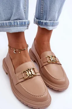 Skórzane Damskie Mokasyny Na Płaskim Obcasie Beżowe Sincias