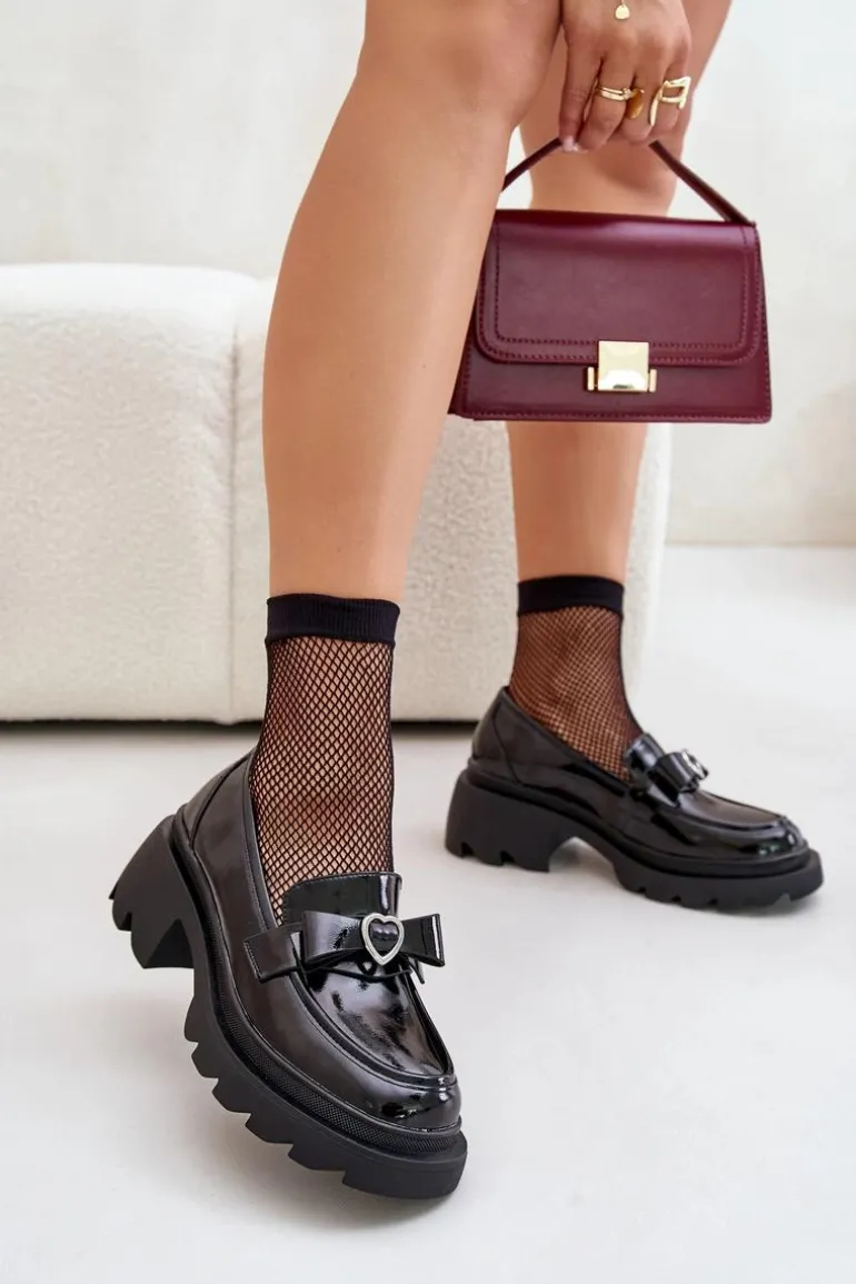 Skórzane Damskie Mokasyny Z Kokardką I Sercem D&A LZ42-032 Czarne