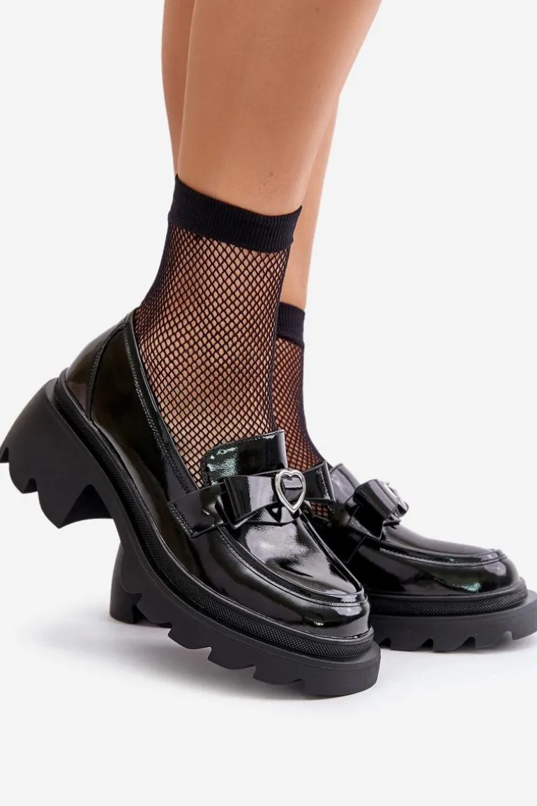 Skórzane Damskie Mokasyny Z Kokardką I Sercem D&A LZ42-032 Czarne