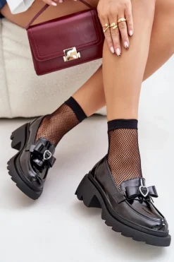 Skórzane Damskie Mokasyny Z Kokardką I Sercem D&A LZ42-032 Czarne