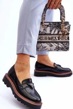 Skórzane Damskie Mokasyny Na Platformie Z Ozdobą Czarne Jonett