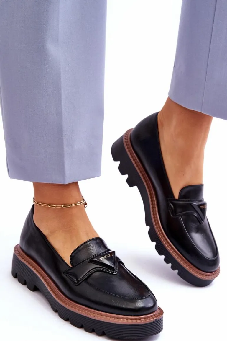 Skórzane Damskie Mokasyny Na Platformie Z Ozdobą Czarne Jonett