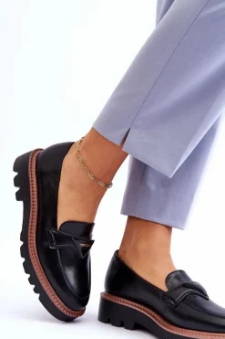 Skórzane Damskie Mokasyny Na Platformie Z Ozdobą Czarne Jonett