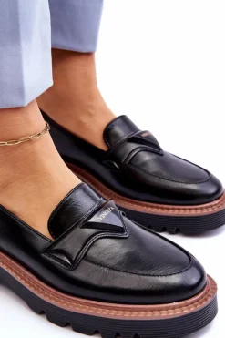 Skórzane Damskie Mokasyny Na Platformie Z Ozdobą Czarne Jonett