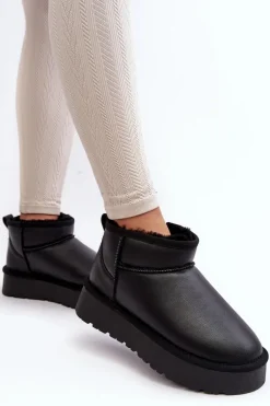 Skórzane Damskie Śniegowce Na Platformie Czarne Loreley