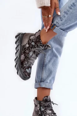 Skórzane Damskie Ocieplane Botki Maciejka 06146-03 Szare