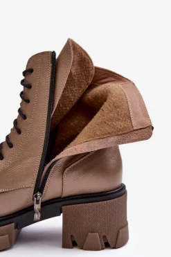 Skórzane Damskie Ocieplane Botki Trapery Lemar Brązowe Rehin