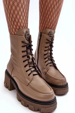 Skórzane Damskie Ocieplane Botki Trapery Lemar Brązowe Rehin