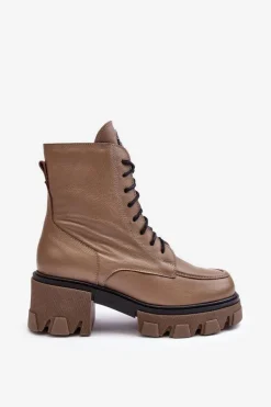 Skórzane Damskie Ocieplane Botki Trapery Lemar Brązowe Rehin