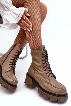 Skórzane Damskie Ocieplane Botki Trapery Lemar Brązowe Rehin