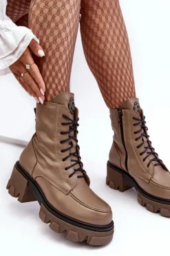 Skórzane Damskie Ocieplane Botki Trapery Lemar Brązowe Rehin