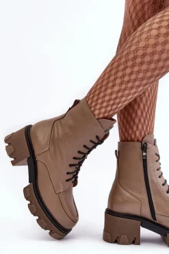 Skórzane Damskie Ocieplane Botki Trapery Lemar Brązowe Rehin