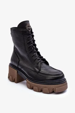Skórzane Damskie Ocieplane Botki Trapery Czarne Lemar Rehin