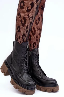 Skórzane Damskie Ocieplane Botki Trapery Czarne Lemar Rehin