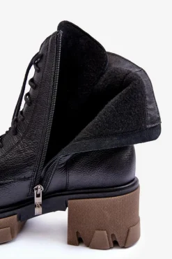 Skórzane Damskie Ocieplane Botki Trapery Czarne Lemar Rehin