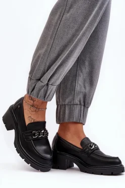 Skórzane Damskie Półbuty Na Niskim Obcasie Czarne Blimma