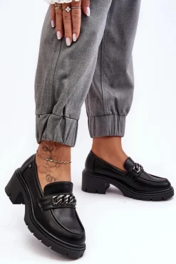 Skórzane Damskie Półbuty Na Niskim Obcasie Czarne Blimma