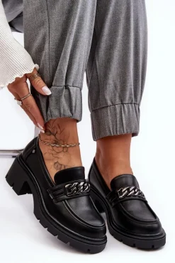 Skórzane Damskie Półbuty Na Niskim Obcasie Czarne Blimma