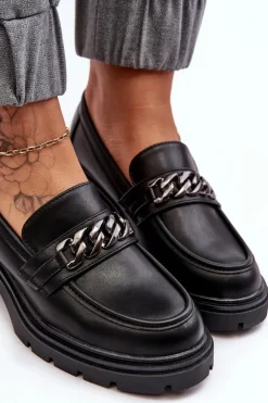 Skórzane Damskie Półbuty Na Niskim Obcasie Czarne Blimma