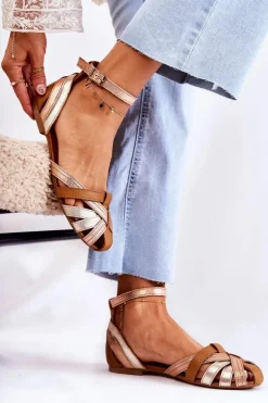 Skórzane Damskie Sandały Maciejka 01924-32 Złoto-Brązowe