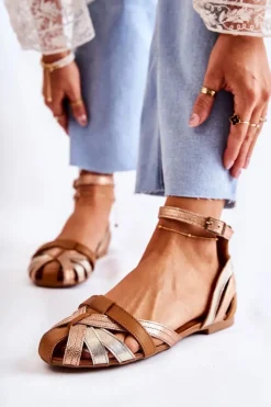 Skórzane Damskie Sandały Maciejka 01924-32 Złoto-Brązowe