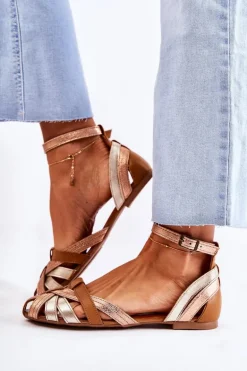 Skórzane Damskie Sandały Maciejka 01924-32 Złoto-Brązowe