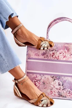 Skórzane Damskie Sandały Maciejka 01924-32 Złoto-Brązowe