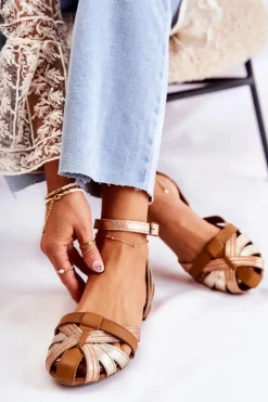 Skórzane Damskie Sandały Maciejka 01924-32 Złoto-Brązowe