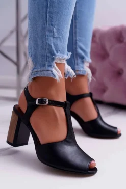 Skórzane Damskie Sandały Maciejka Czarne 04117