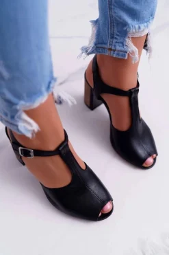 Skórzane Damskie Sandały Maciejka Czarne 04117