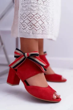 Skórzane Damskie Sandały Maciejka Na Słupku Czerwone 04038-08