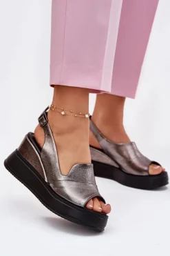 Skórzane Damskie Sandały Na Koturnie Artiker 54C0402 Grafitowe