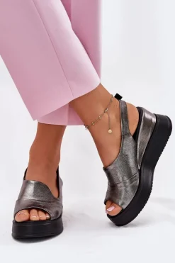 Skórzane Damskie Sandały Na Koturnie Artiker 54C0402 Grafitowe